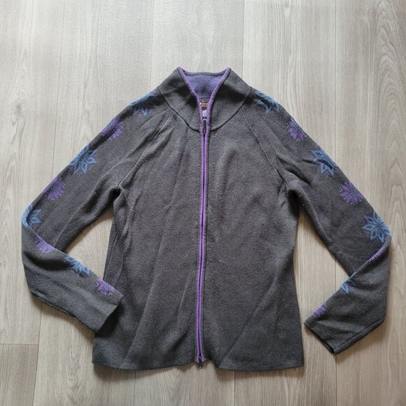 Eddie Bauer Sport Petite S Gray Cardigan With Purple & Blue Snowflake Accents Fu - Picture 4 of 6